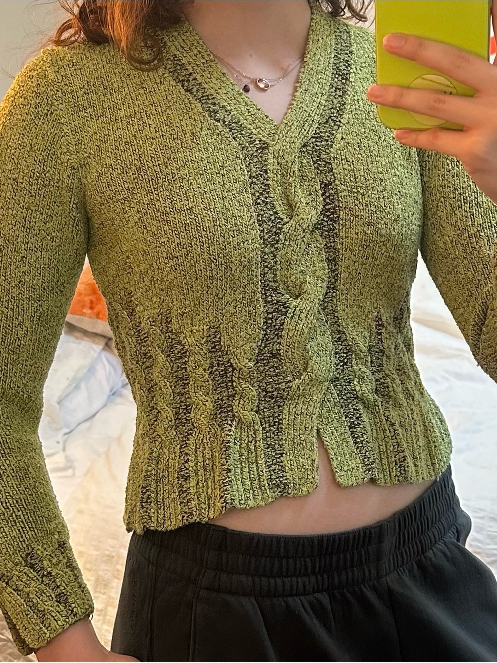 Green Cable V-Neck Sweater